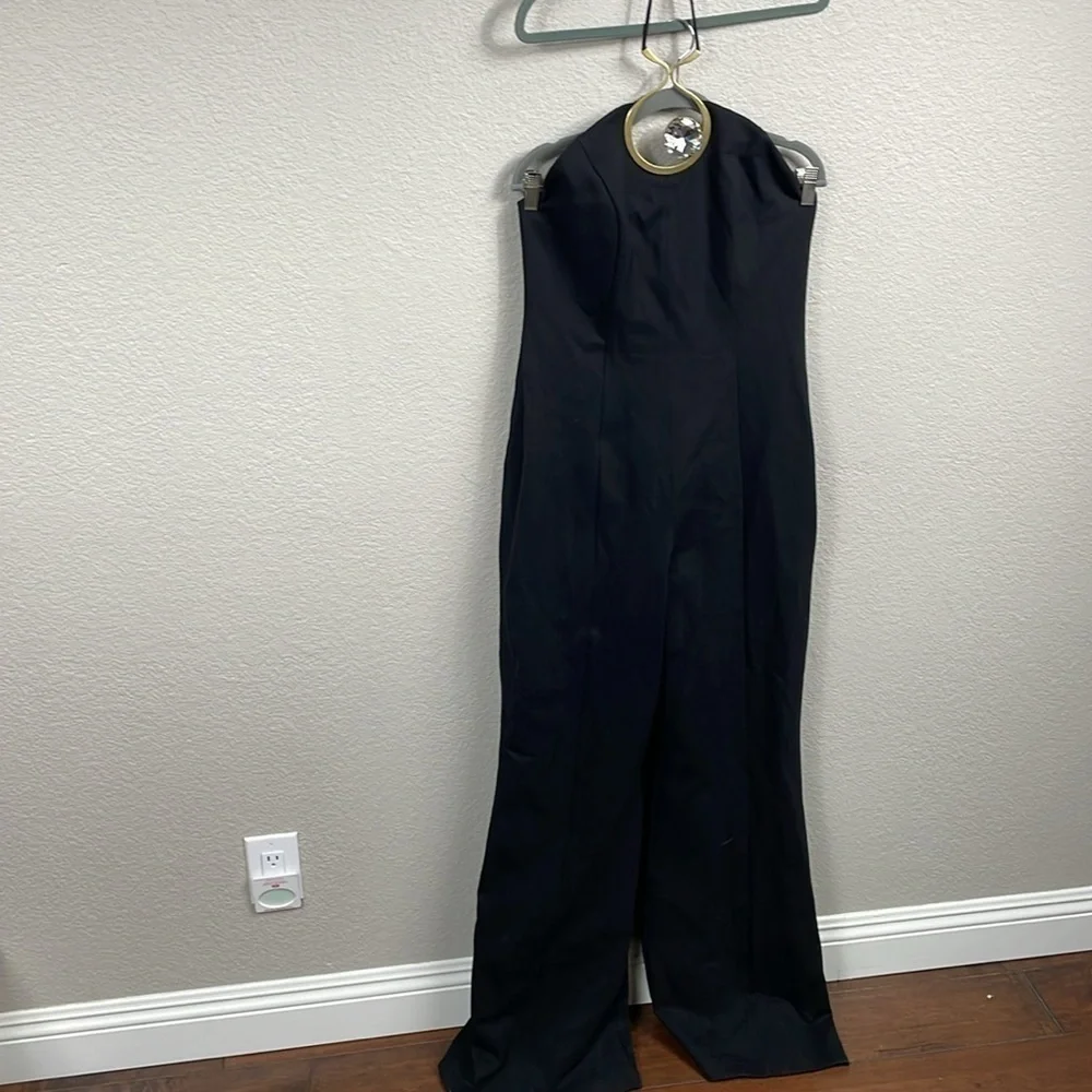 NWT AREA Crystal Cut Out Halter Jumpsuit Brass Glass Jewel Wide Leg Black Sz XL - Picture 3 of 16